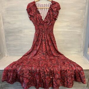 Boho Red Paisley Vneck Shirred Waist Ruffle Hem Maxi Dress Small Like New